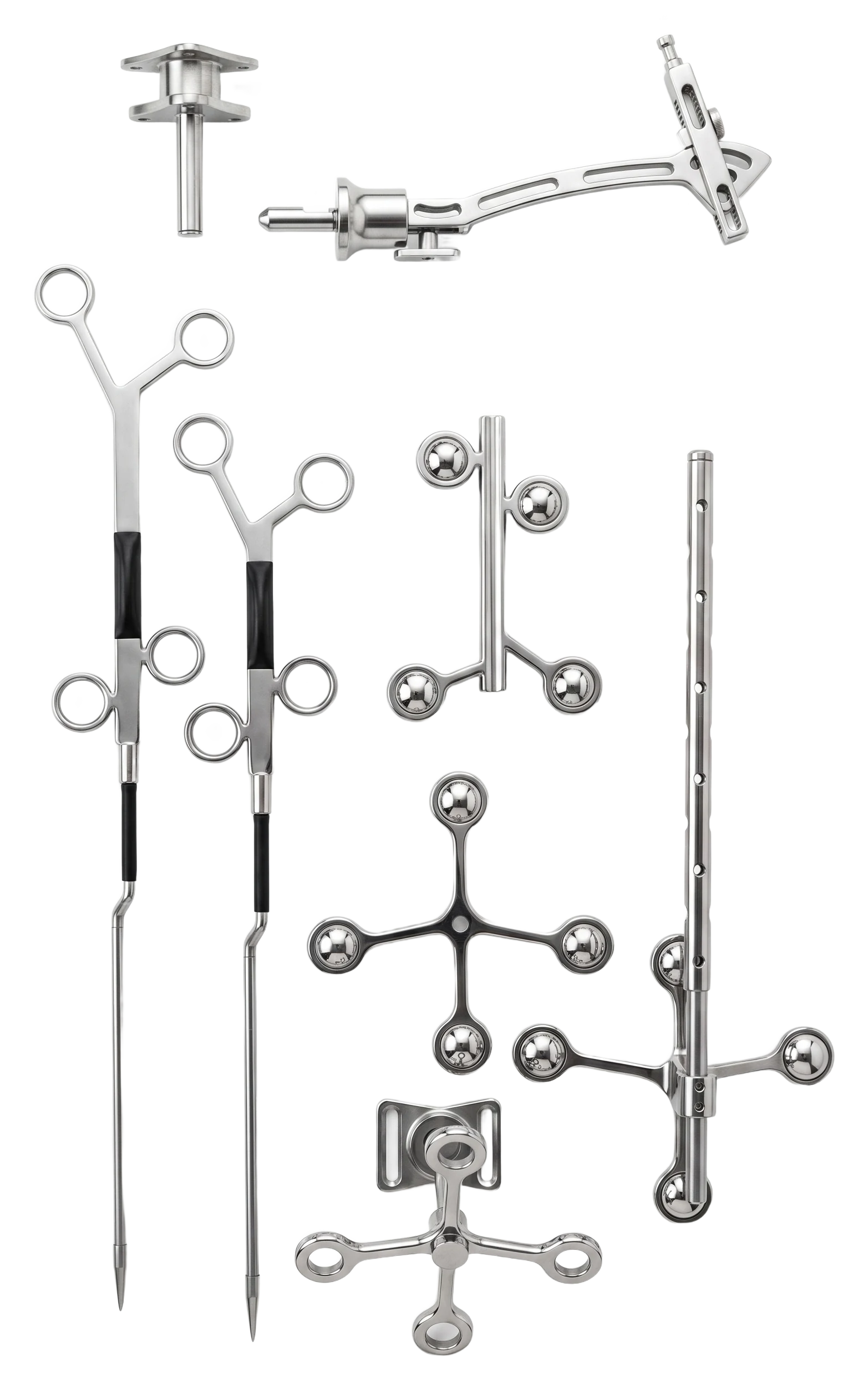 Capla Cue instrument set with navigation reference frames, awls and patient clamp